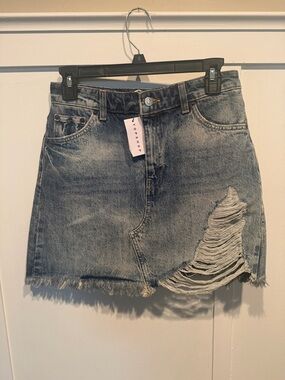 Topshop Washed Blue Distressed Denim Mini Skirt